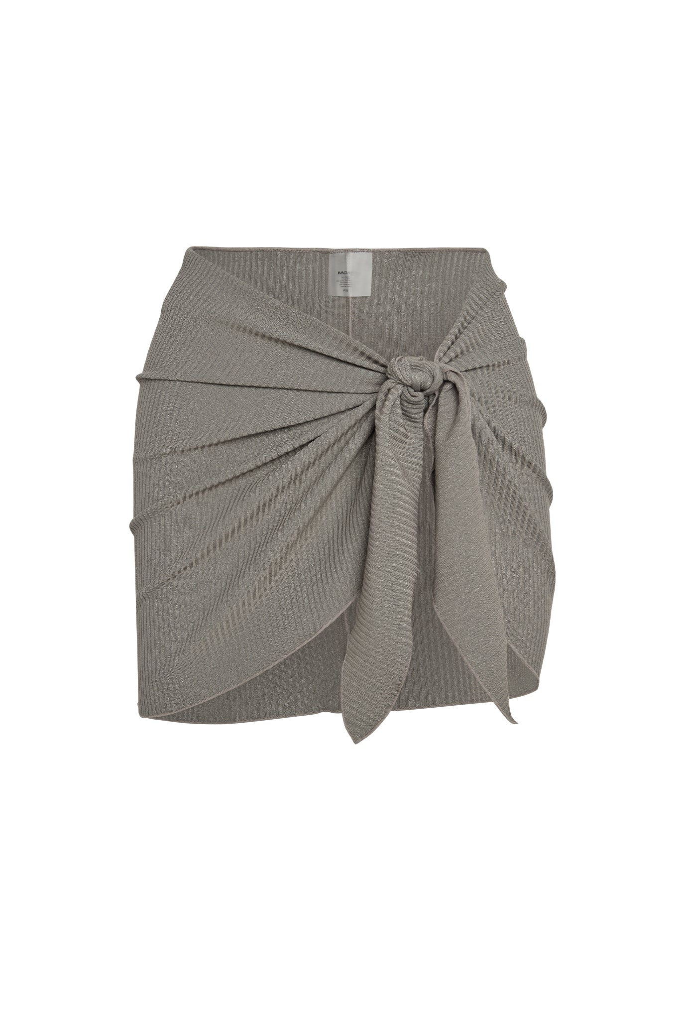 Front view of St. Barth's Skirt in Steel Lurex Rib showing knotted wrap-front and ribbed shimmer fabric on white background