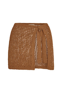 Front of Santa Marta Sarong in caramel petit crochet showing wrap-tie waist and open-knit texture on white background