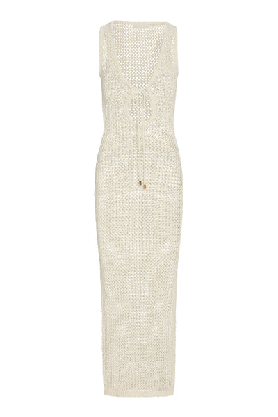 monrow crochet dress NWT Monrow Dress Crochet Midi Sleeveless in Cream Black Striped