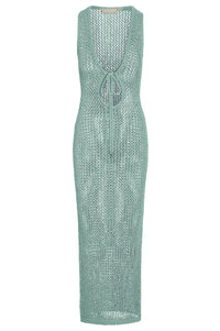Front view of Monte Carlo Tie Dress in light slate crochet showing plunging V neckline with tie and open knit on white