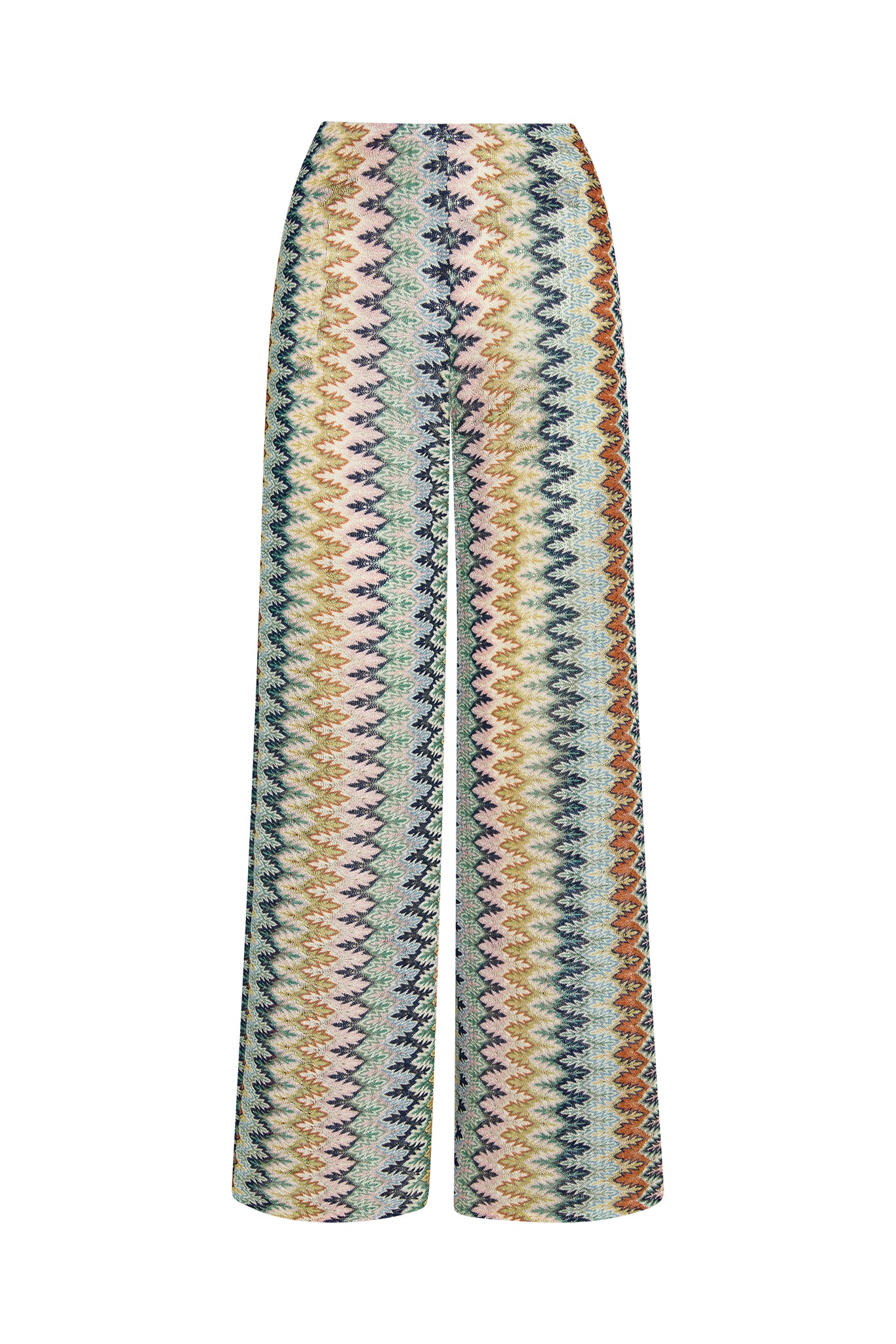 Front view of Toulon pant in Porto Cervo Multi showing high waist, wide-leg fit and multicolor zigzag knit on white background