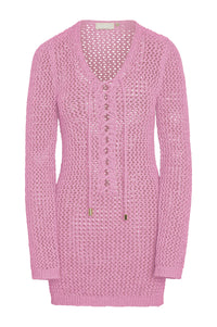 Front view Corossol Mini Dress Moonlight Petit Crochet, lace up neckline, sheer knit, gold cord ends on white background