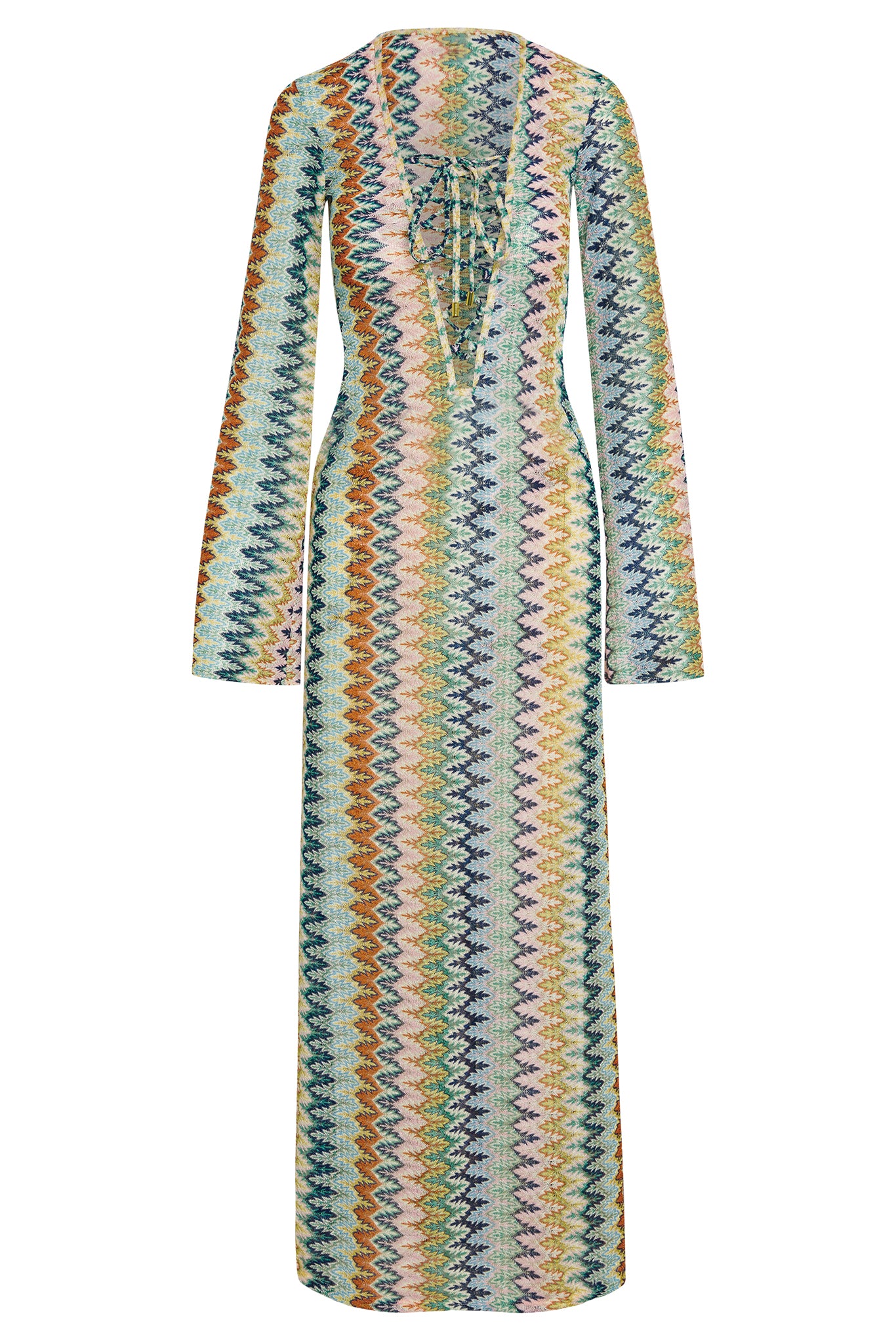 Front view of Corossol dress in Porto Cervo multi showing lace-up deep V, long sleeves and zigzag multicolor knit on white