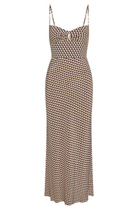 Front view of Fererra Dress in Husk Geo Silk showing ruched keyhole bodice, thin adjustable straps, and fitted geometric-print skirt on white background