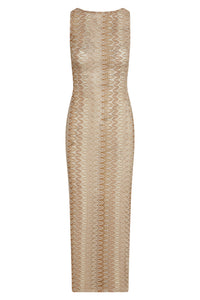 Front view of Oslo dress in Porto Cervo Gold showing fitted crochet knit pattern and sleeveless boat neck on white background