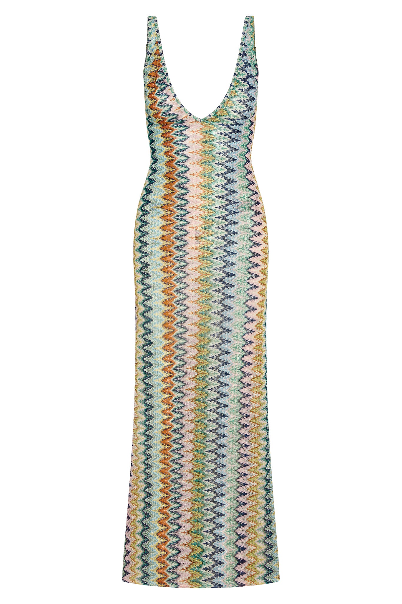 Front of Sayulita Dress (Porto Cervo multi) showing fitted crochet knit, deep V-neck and multicolor zigzag pattern