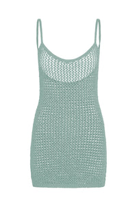Front view of Zanzibar mini dress in light slate crochet with scoop neckline, thin straps, and open knit on white