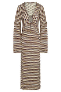 Front view of Marabella Kaftan in husk geo print showcasing V-neck with tie detail and long sleeves on white background