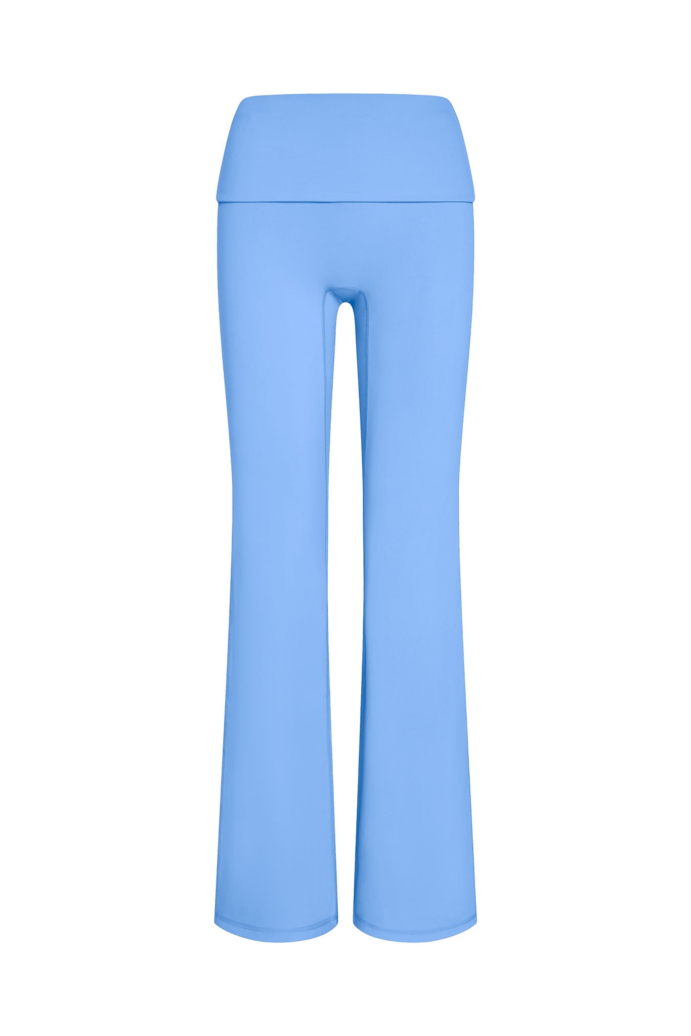 Light-blue high-waist flared yoga leggings, front view on white background