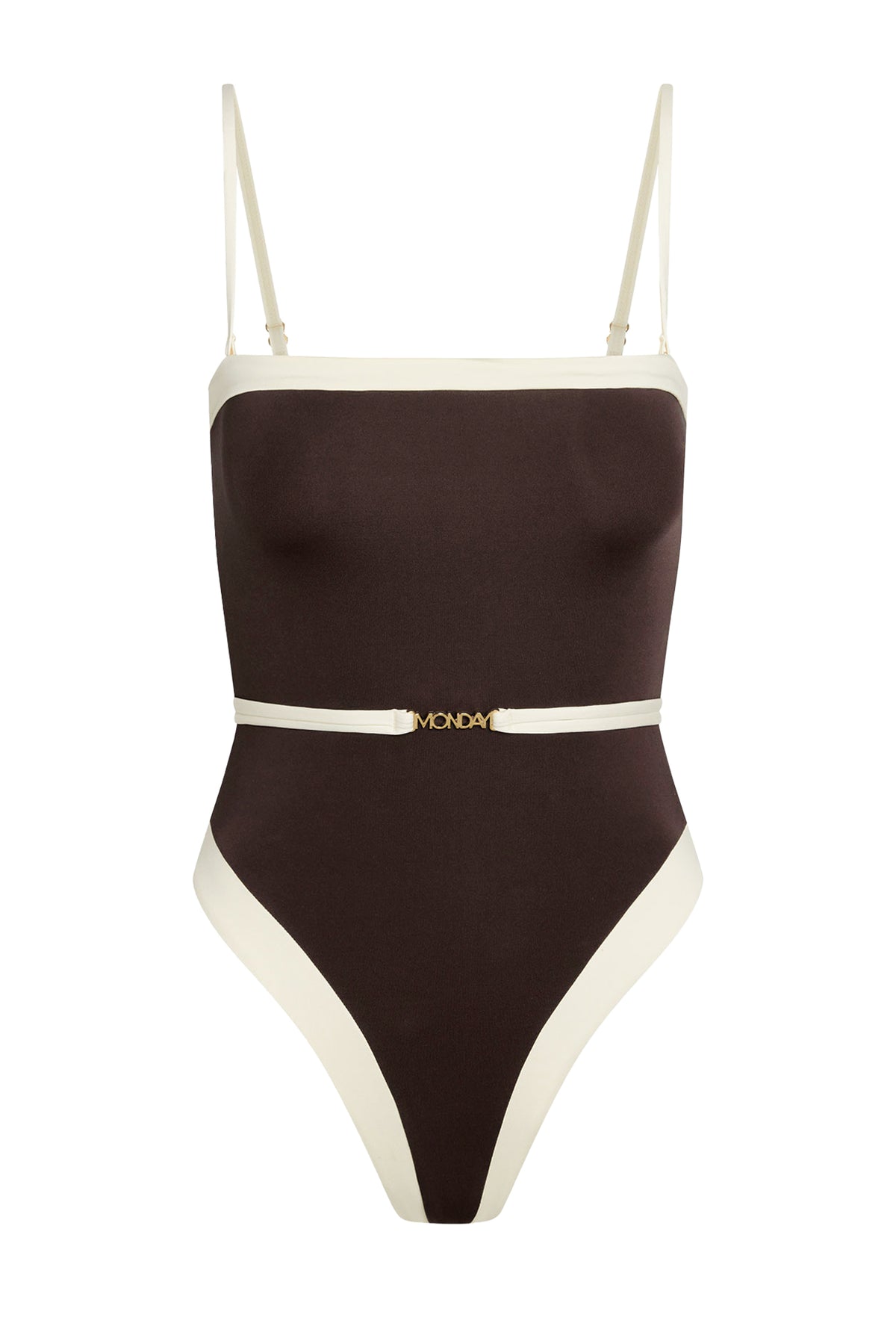 Front view of Miami One Piece in espresso and ivory with color block detailing, belt, and straps on white background