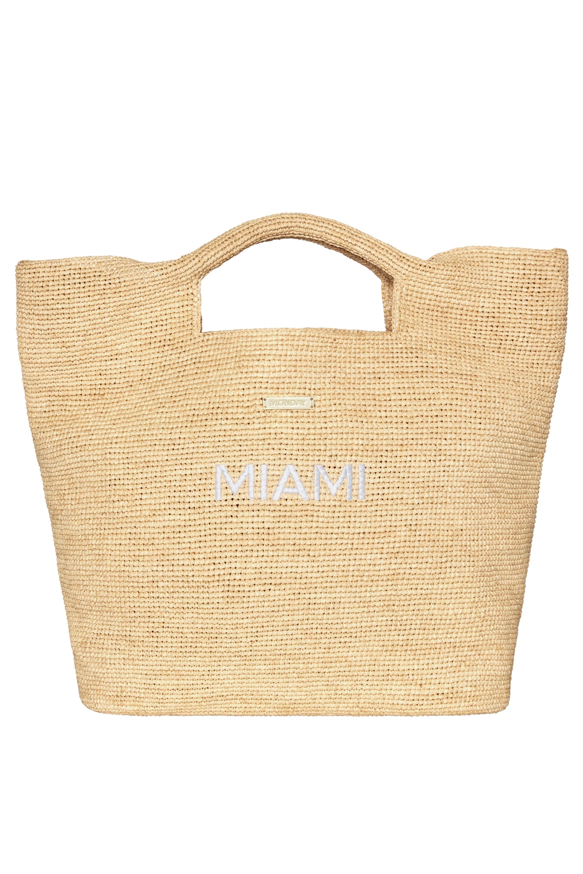 Cropped front view of Paloma Miami straw bag showcasing MIAMI white embroidery, built in handles and gold logo on white