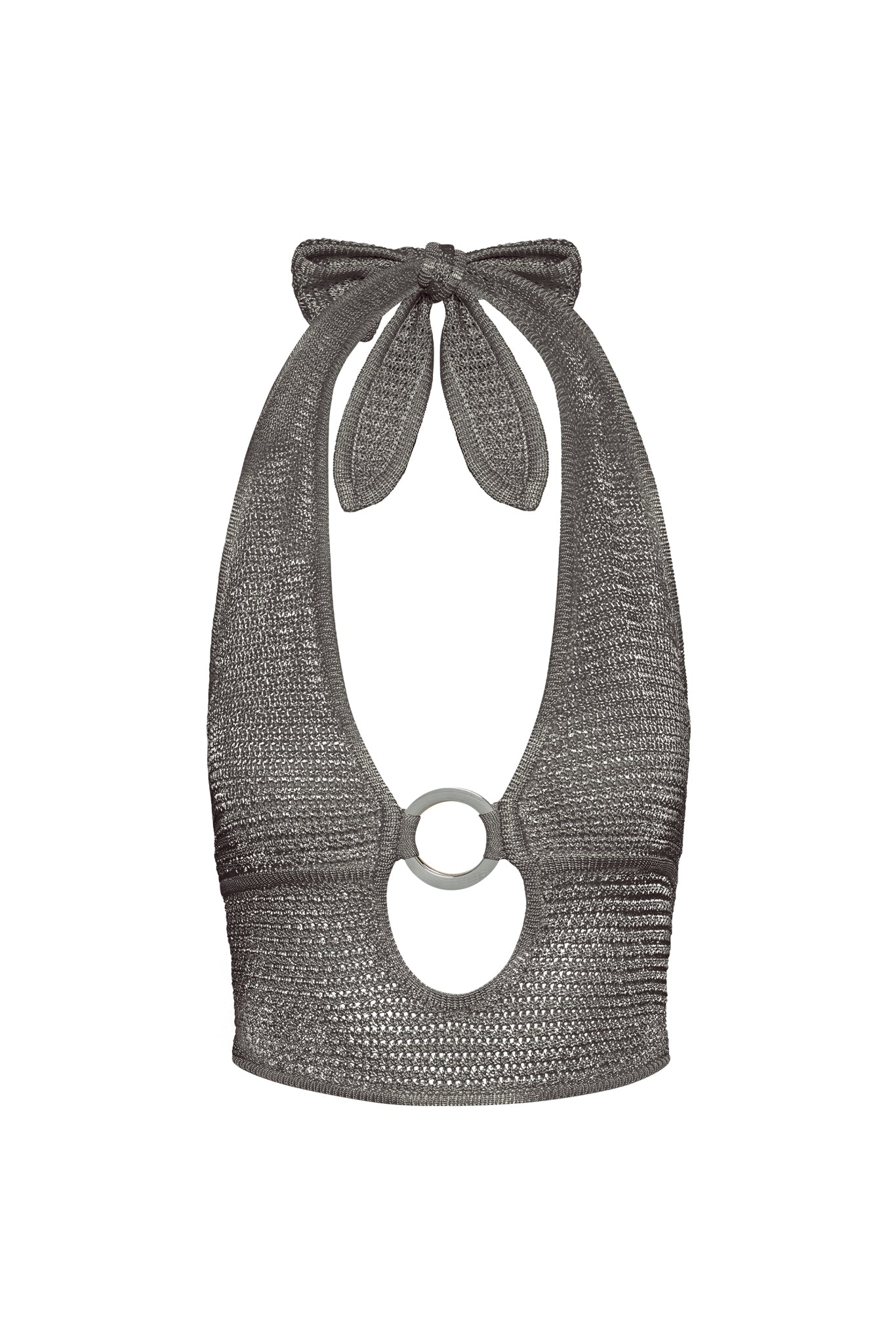 Front view of Miami Top in Steel Treble Knit showcasing halter tie neck, gold ring front cutout and textured cropped knit on white background