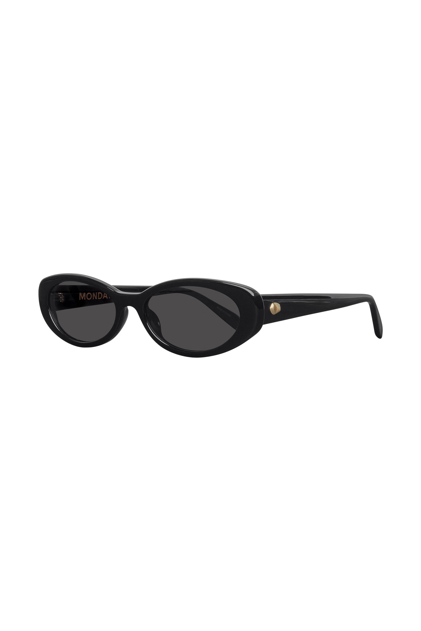 Black cat-eye sunglasses with dark oval lenses, gold rivet on temple; MONDA printed inside left lens.