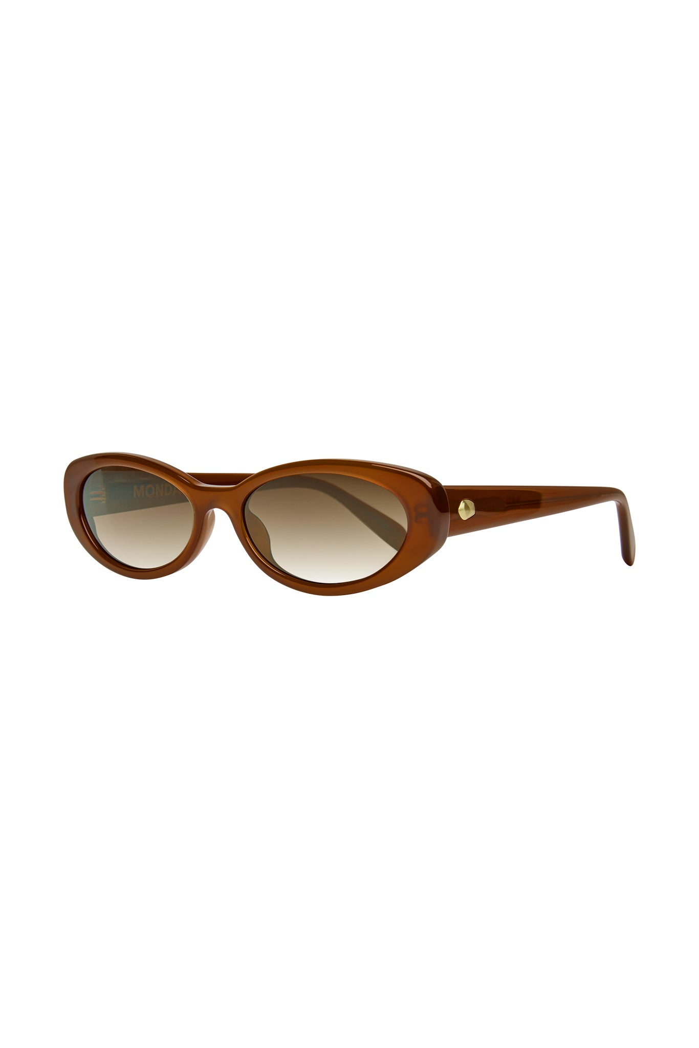 Brown cat-eye sunglasses with gradient lenses and gold rivet; inner arm text: MONDAY
