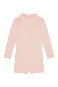 Front view of Hilo One Piece Kids in powder pink crinkle showing long sleeves and center front zipper on white background