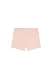 Front view of Santa Cruz kids shorts in powder pink crinkle showcasing crinkled textured fabric and elastic waist on white background