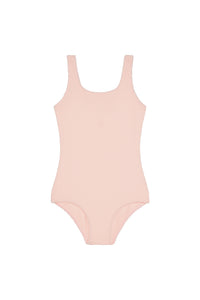 Front flat lay of Sardinia one-piece kids swimsuit in Powder Pink Crinkle showing scoop neckline and textured crinkle fabric on white background