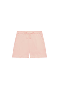 Front view of Tuscany kids short in powder pink crinkle with elastic waist, faux tie and side pockets on white