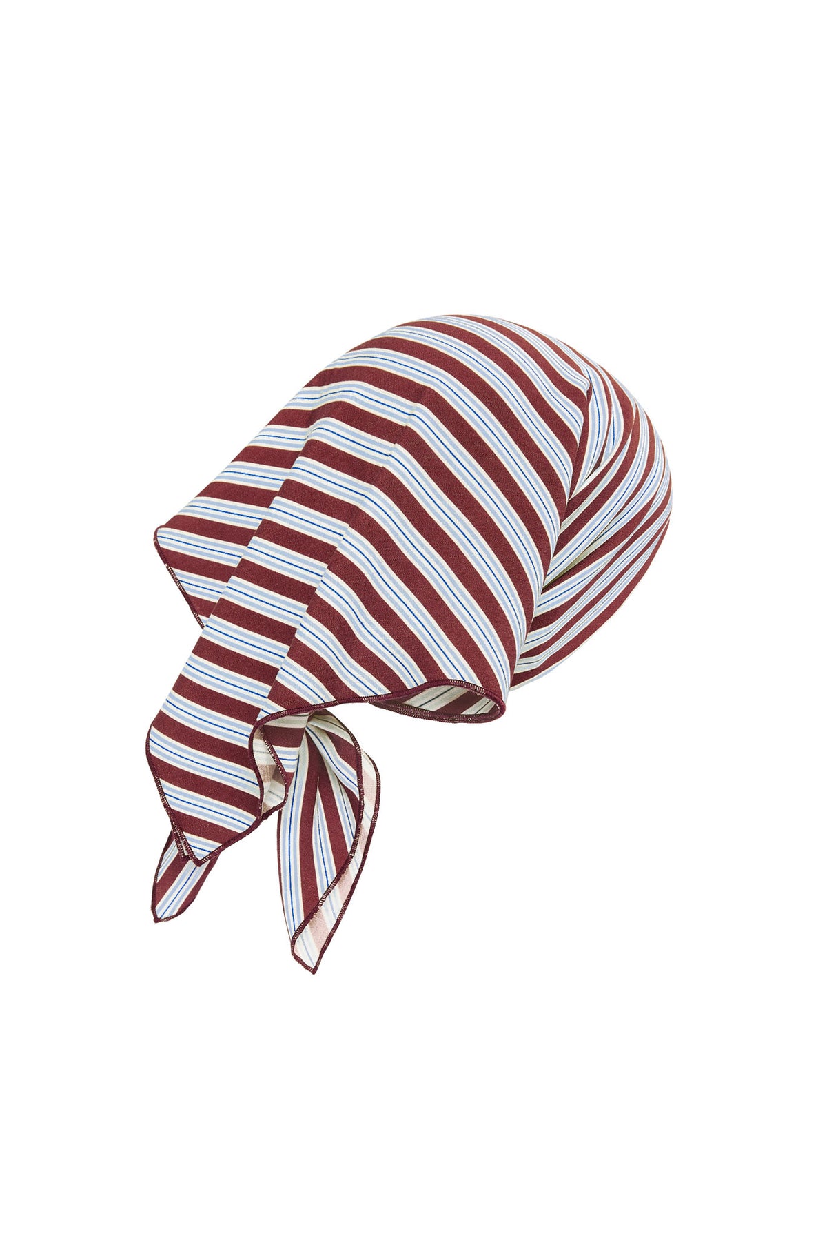 Angled view of Monday head scarf in Milano Stripe showcasing burgundy, white, and blue stripes against a white background