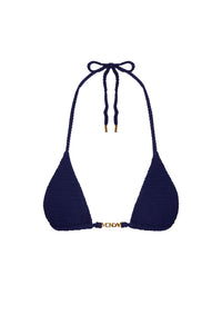 Front view of Monday Top in Midnight Crinkle showcasing textured triangle cups, tie straps, and gold MONDAY hardware on white background