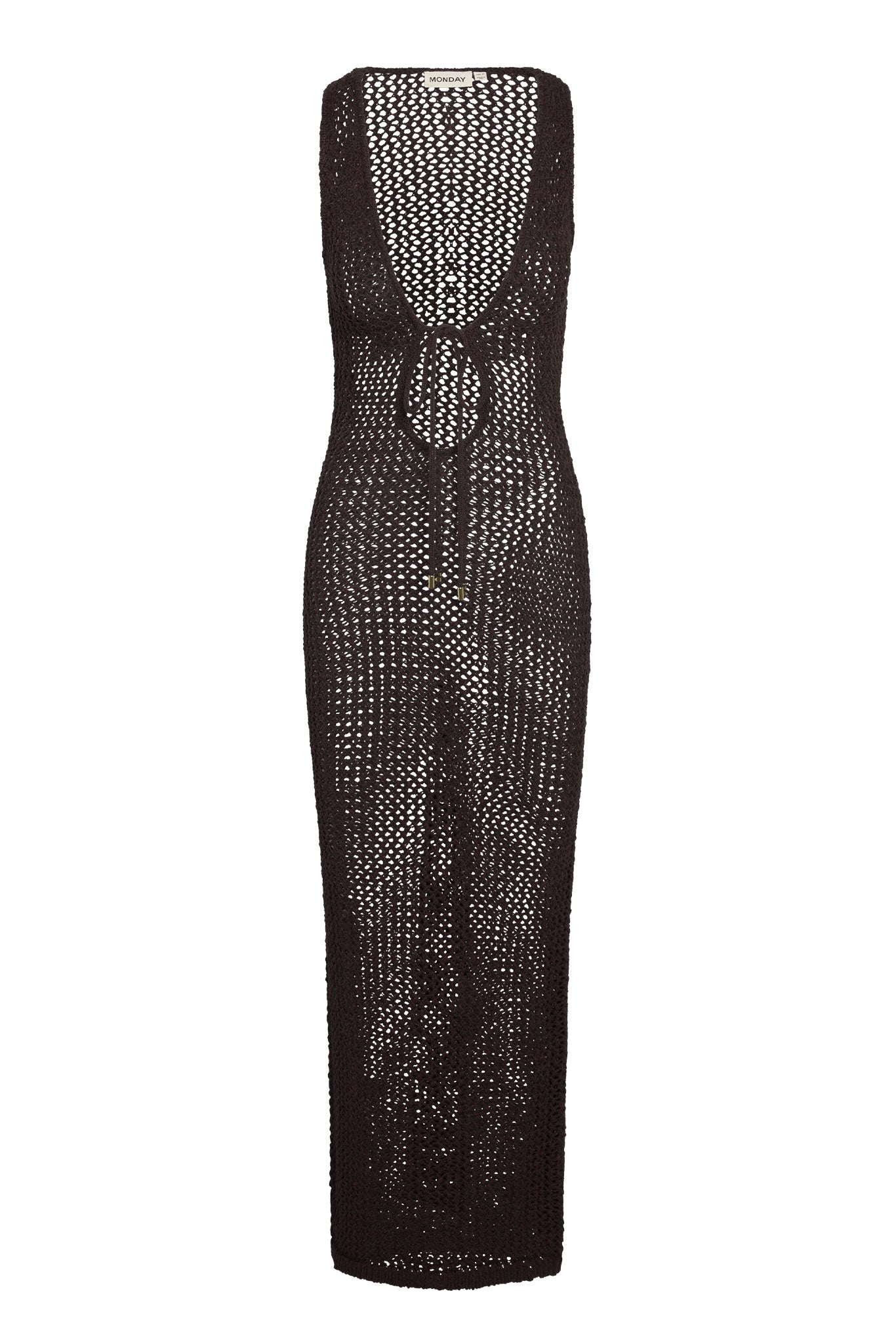 Sleeveless open-knit maxi dress with deep V neckline and front tie, crochet texture; neck label reads MONDAY.