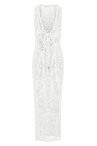 Front view of Monte Carlo Tie Dress in white petit crochet showcasing plunging V-neck with adjustable tie and open crochet knit on white background