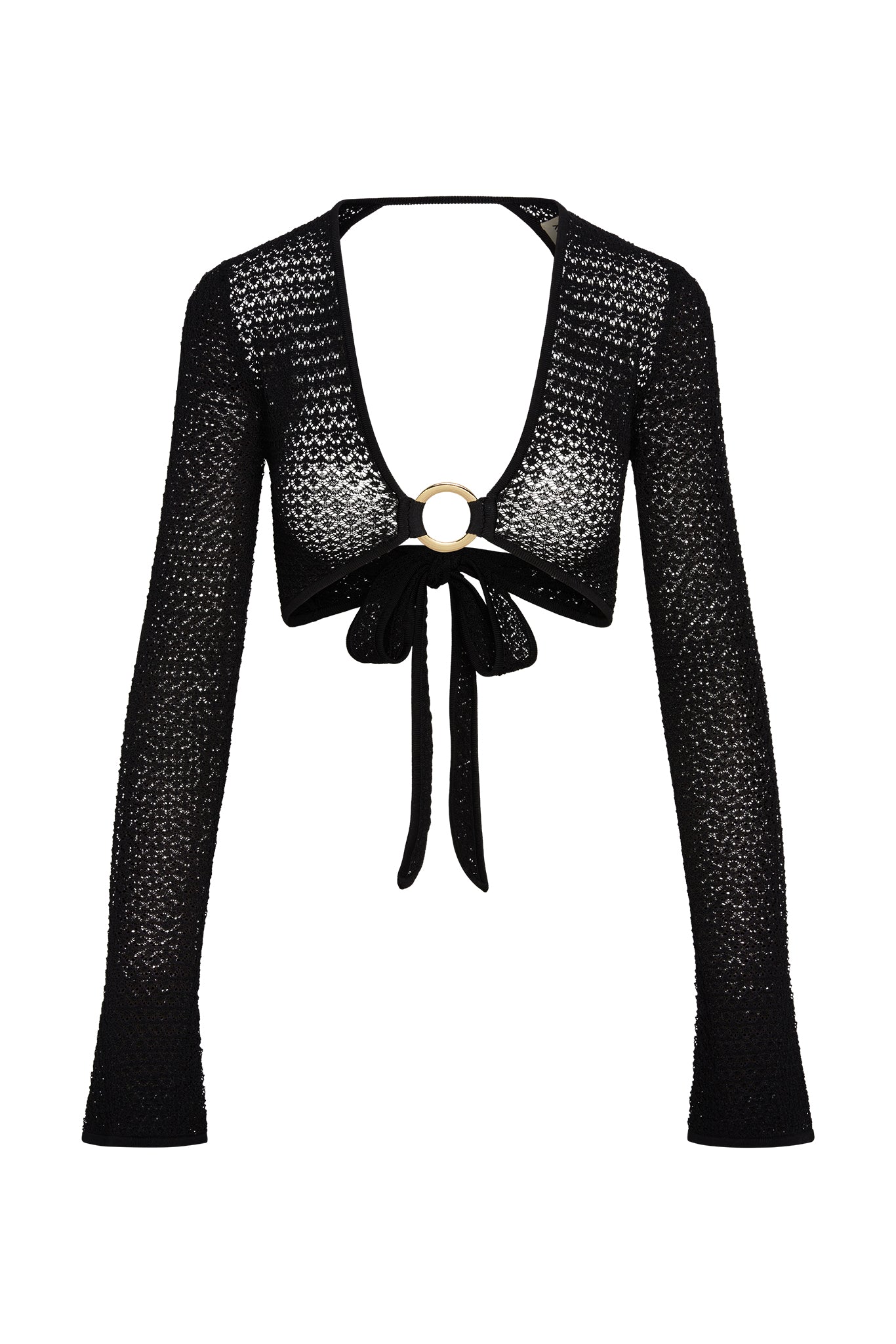 Black crocheted cropped bolero with long sleeves, center gold ring and front tie bow