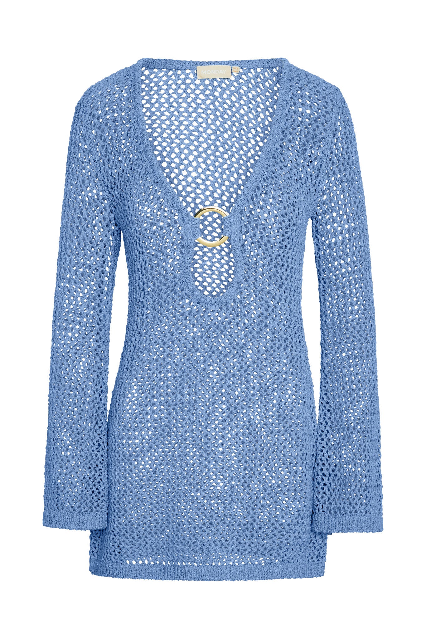 Light blue crocheted long-sleeve V-neck tunic sweater with gold ring closure at chest; brand label reads MONDAY.