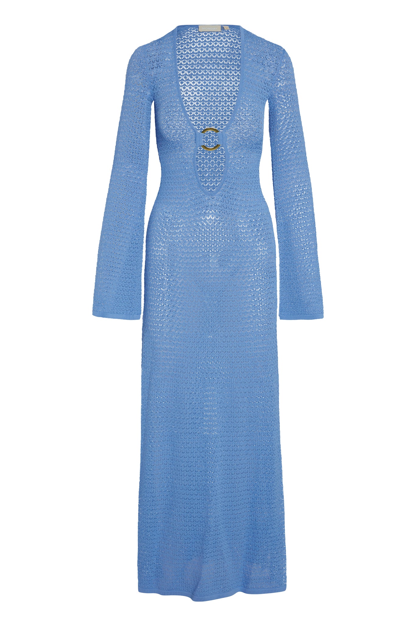 Blue crochet long-sleeve maxi dress with deep V neckline, oval front cutout and gold ring detail at bust