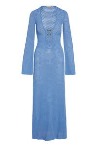 Front view of Montego Dress in azure lace crochet with deep V, oval keyhole and gold ring, bell sleeves on white