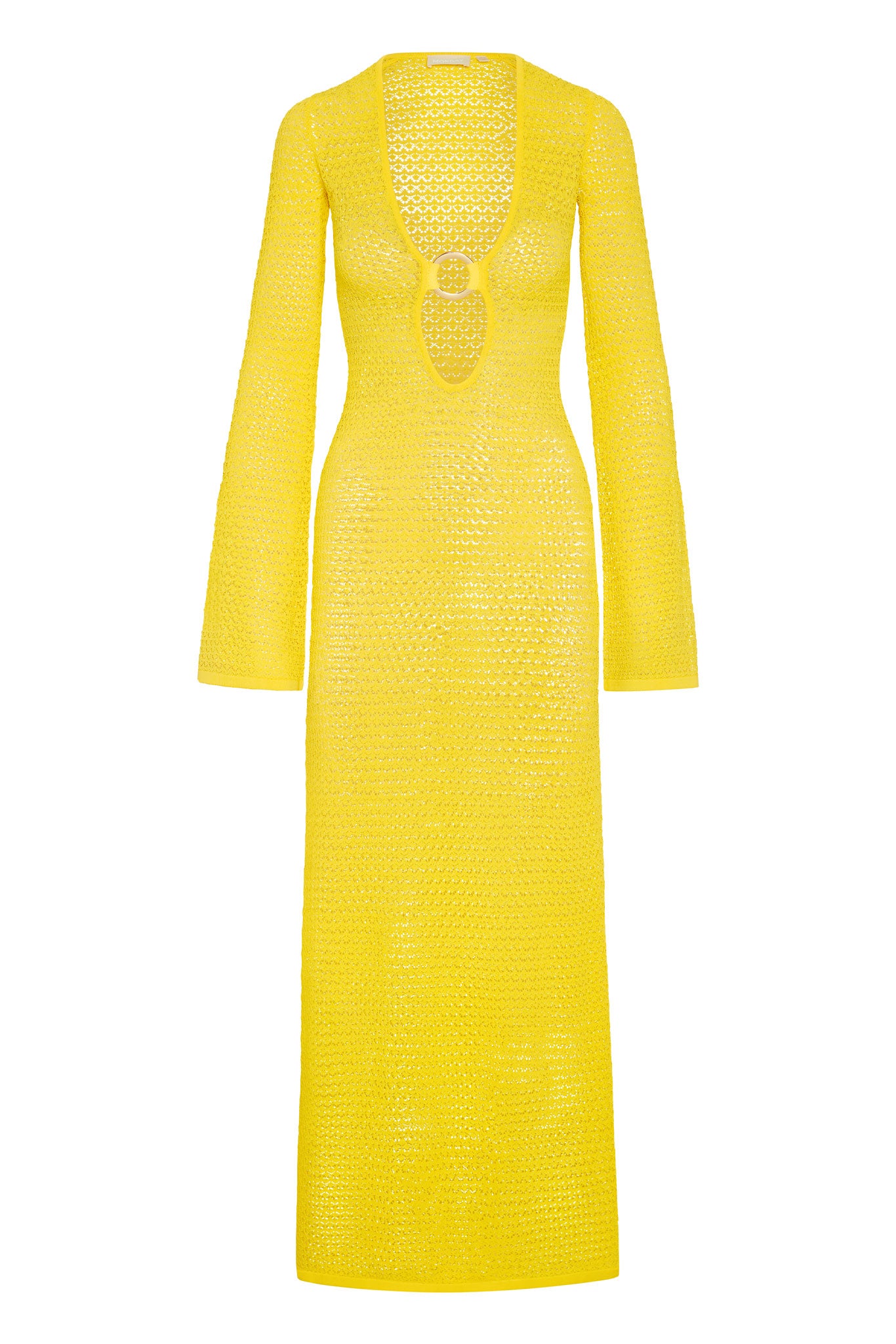 Long yellow crochet knit maxi dress with long bell sleeves, deep keyhole neckline and ring detail at bust.