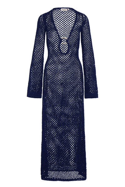 Navy crochet cap sleeve midi dress 2025