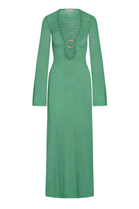 Front view of Montego Dress in pond green crochet, deep V neckline with ring cutout and long sleeves on white