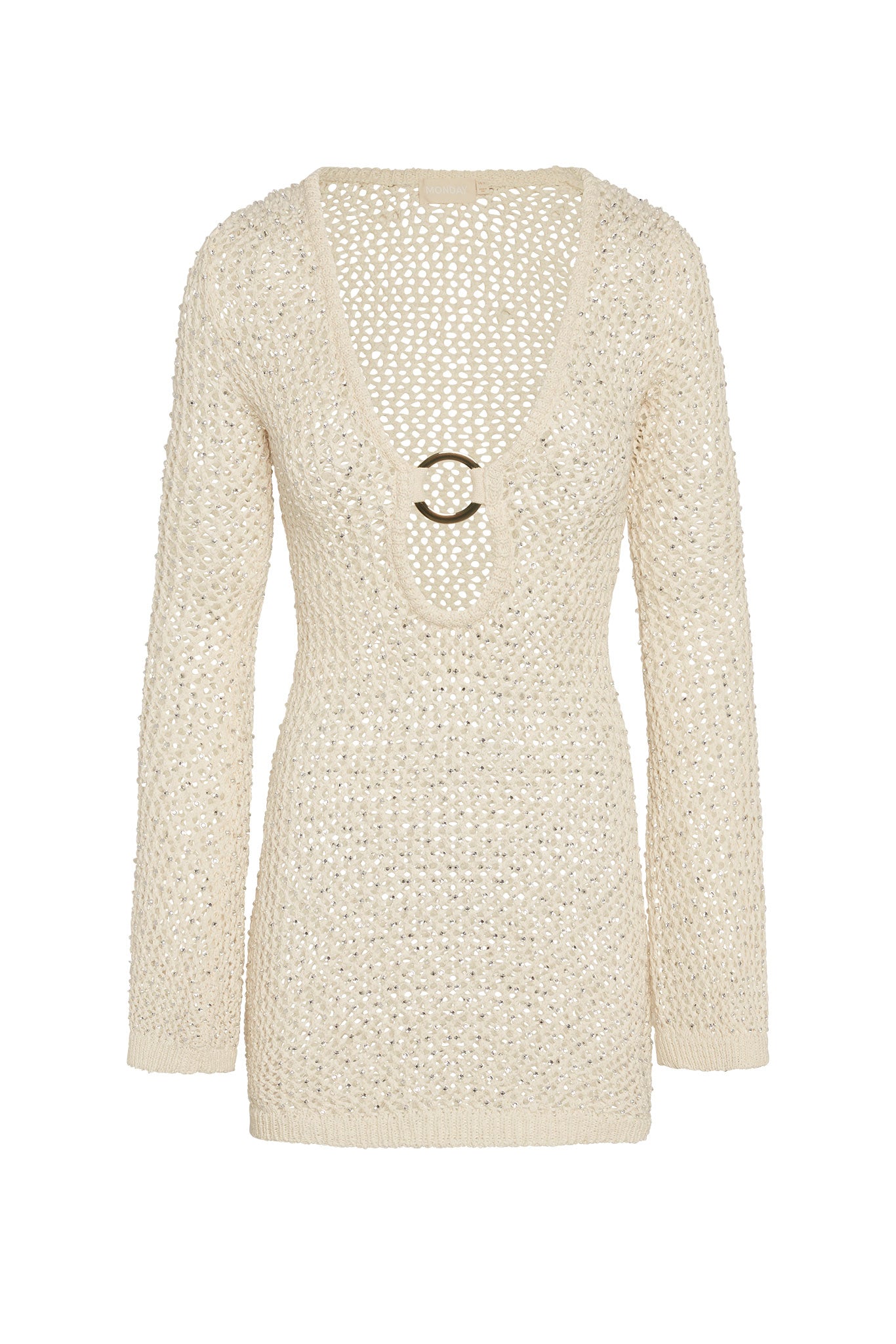 Beige open-knit long-sleeve mini dress with deep V neckline and central gold O-ring; label reads MONDAY.