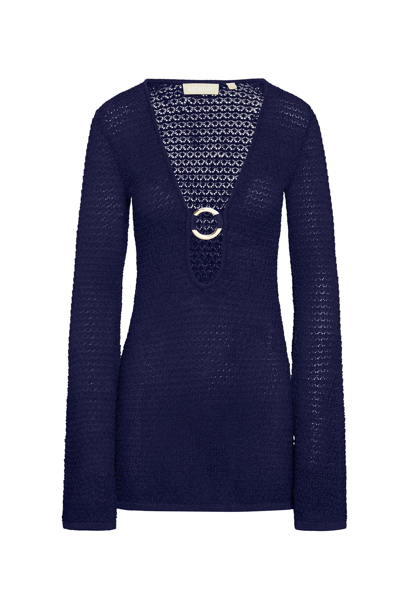 Navy open-knit long-sleeve sweater with deep V-neck and gold circular buckle; label reads MONDAY.