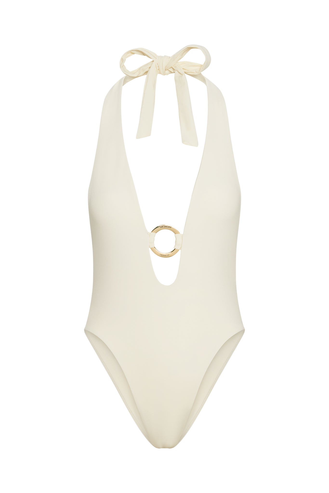 Cream halter one‑piece swimsuit with deep V, tied neck and centered gold O‑ring detail