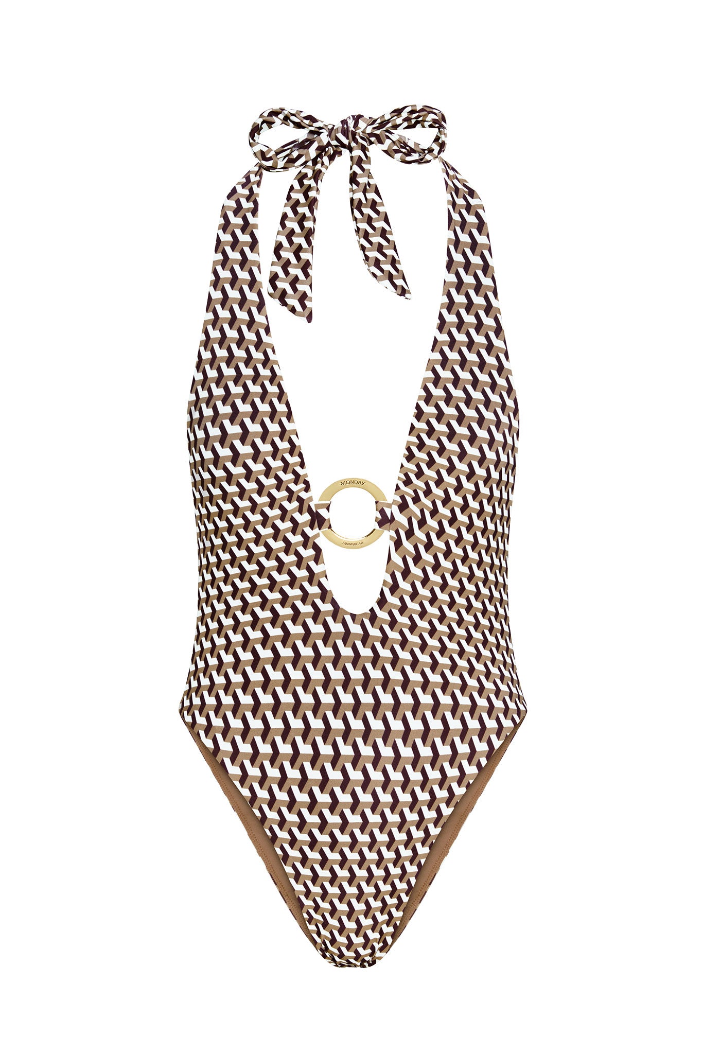 Halter one-piece swimsuit with brown-and-white geometric pattern, deep V front with gold O-ring accent and tie at neck.