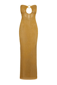 Front of Montego Bandeau Dress in antique gold crochet, strapless with gold ring, fitted maxi on white background