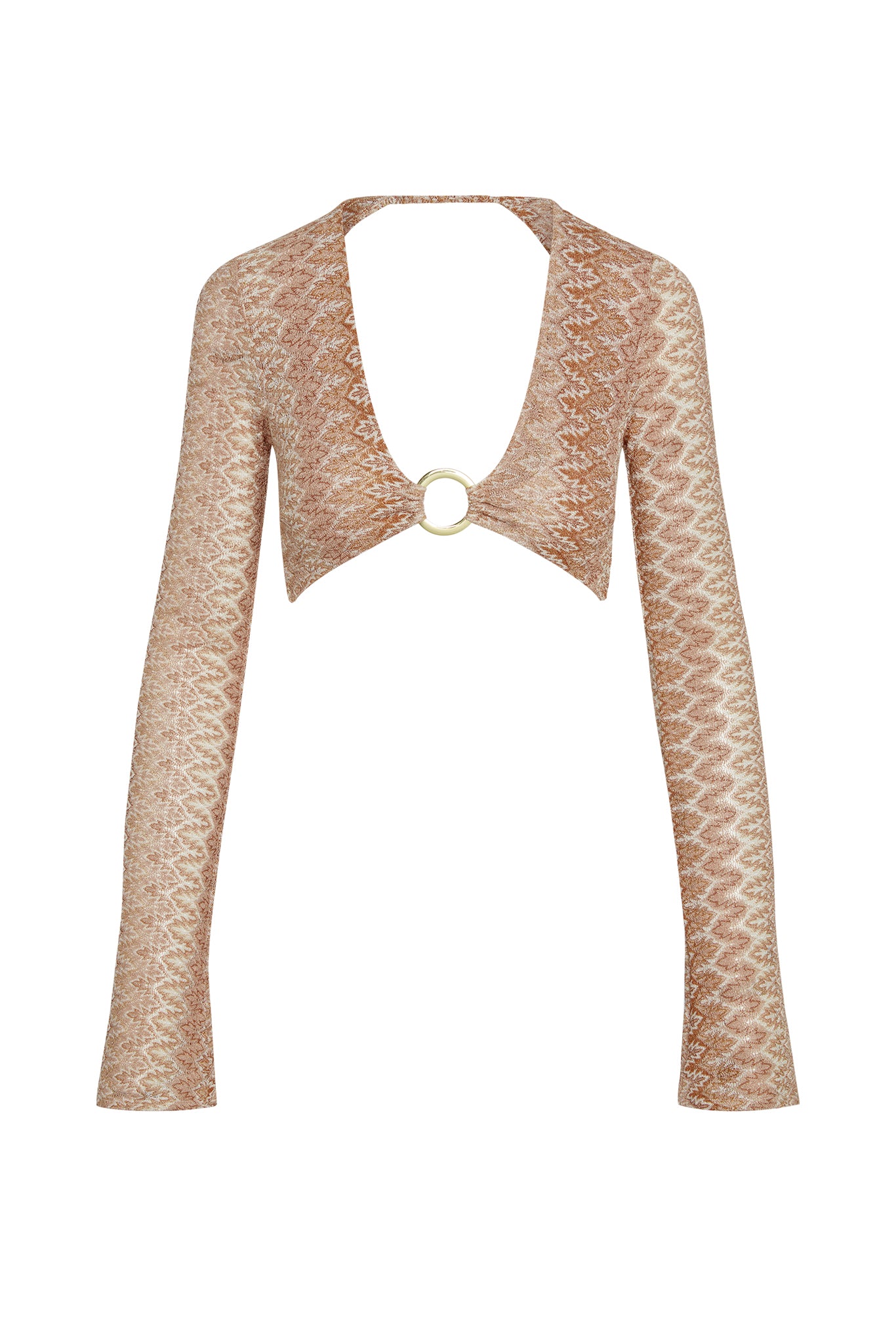 Front view of Montego Crop Top in Porto Cervo Gold showing deep V neckline, gold O-ring and long fitted sleeves