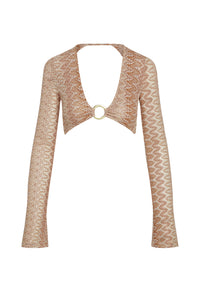 Front view of Montego Crop Top in Porto Cervo Gold showing deep V neckline, gold O-ring and long fitted sleeves