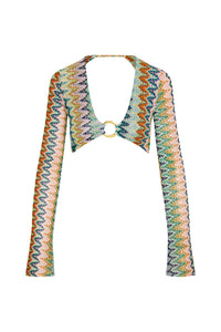 Front flat lay of Montego Crop Top showcasing deep V neckline with gold ring and multicolor zigzag knit on white background