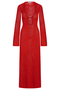 Front view of Montego Dress in Chili Pepper lace crochet showcasing plunging V-neck with gold center ring, bell sleeves and sheer lurex knit on white background