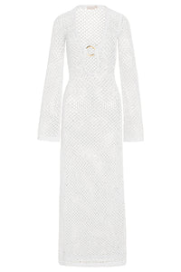 Front view of Montego dress, white crochet open-knit with plunging neckline and double gold ring, long sleeves on white