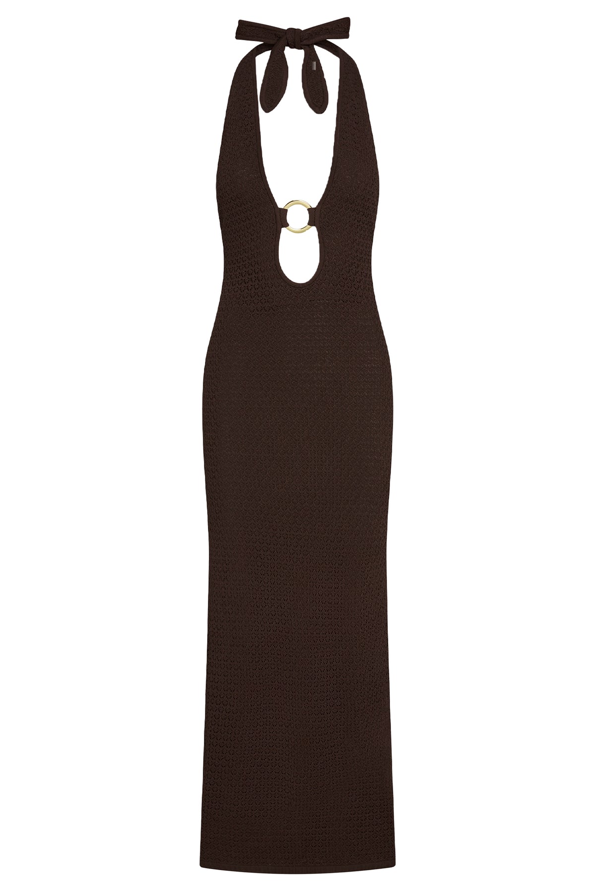 Front view of Montego Halter Dress in espresso lace crochet showcasing halter neckline and gold ring keyhole on white background