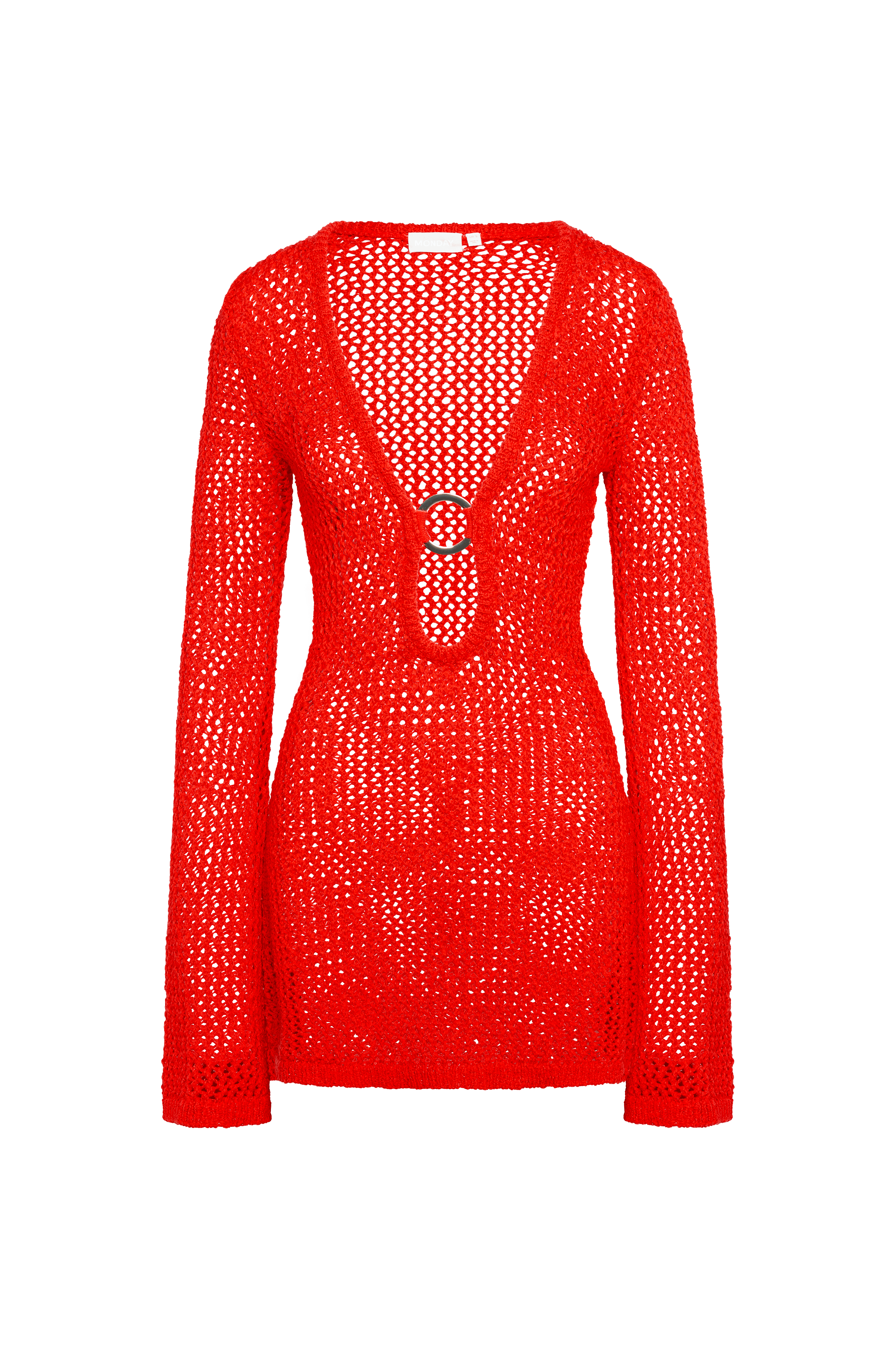 Red open-knit long-sleeve sweater dress with deep V-neck, silver ring detail at bust; brand tag reads MONDAY