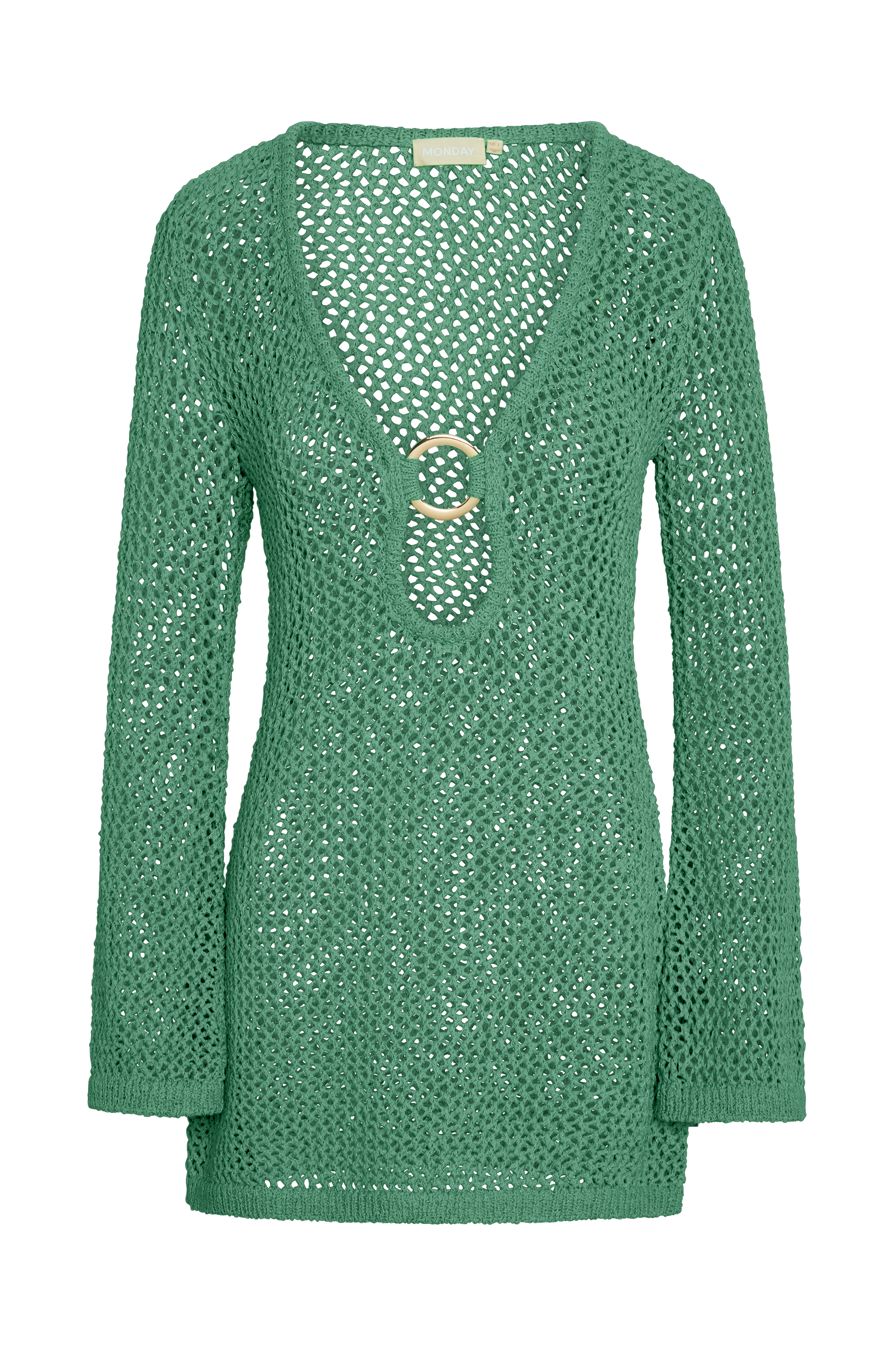 Green open-knit long-sleeve tunic sweater with deep V and gold ring detail; neck label 'MONDAY'