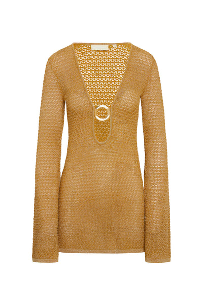 viola long sleeve mini dress - gold lam Viola Long Sleeve Mini Dress - Gold Lam
