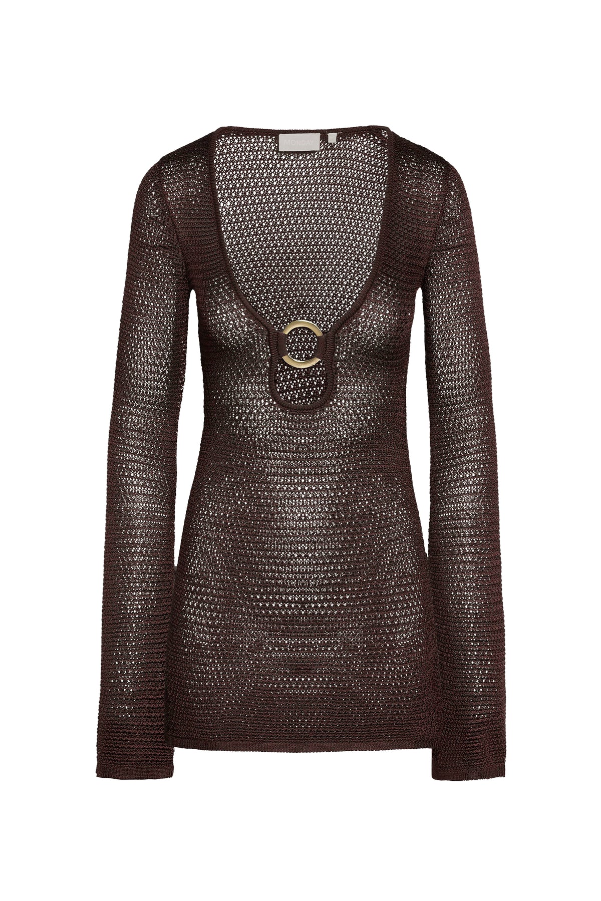 Front view of Montego Mini Dress in espresso treble knit with plunging neckline, gold ring, and long sleeves