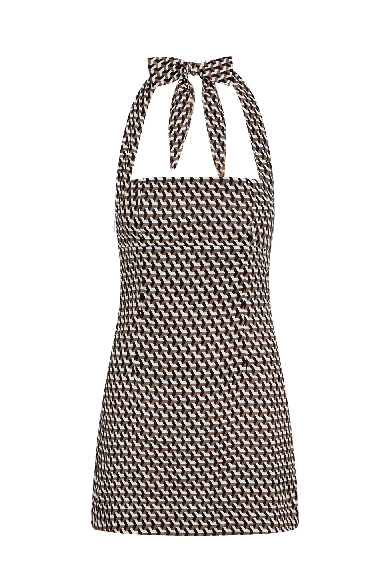 Halter mini dress with brown-and-white geometric pattern and tied bow at the neckline