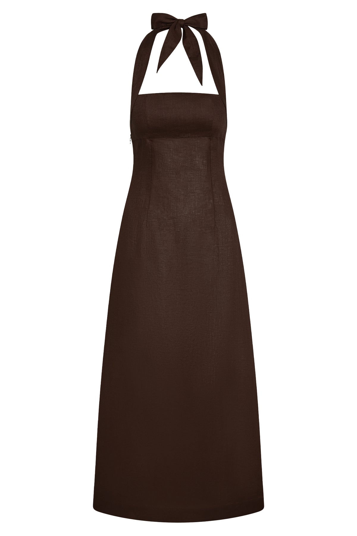 Front view of the espresso linen Montserrat Dress showcasing halter neckline and maxi length with a white background